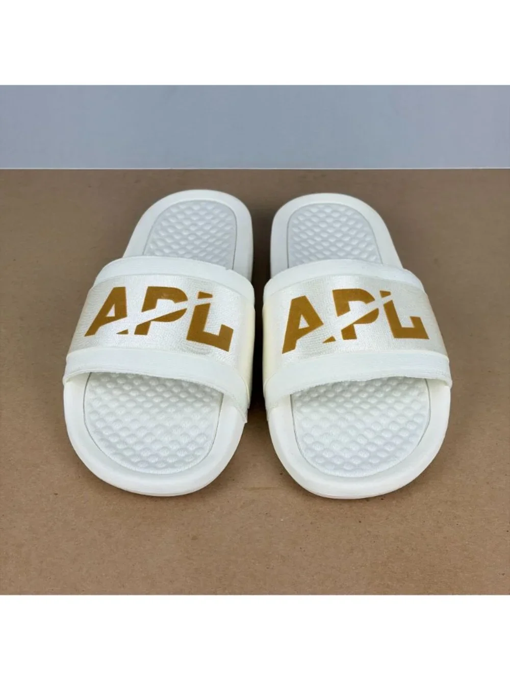 APL Satin Slide Sandals Mens 8 White Gold Slip On Casual Comfort Sport Recovery